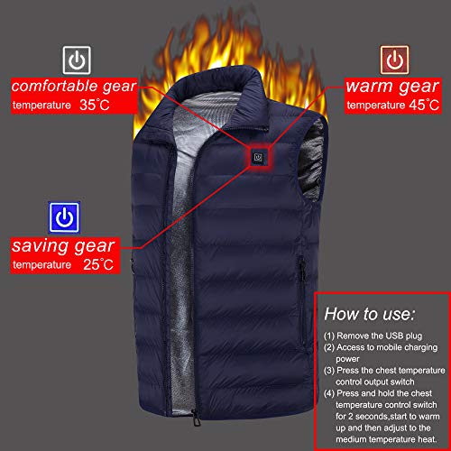 Sidiou Group Chaleco térmico eléctrico Cargador térmico con Carga USB Chaleco Ajustable de la Chaqueta de Abajo de la Ropa Abajo Chaleco de Chaleco Recargable para Hombre (Blue, XXL)