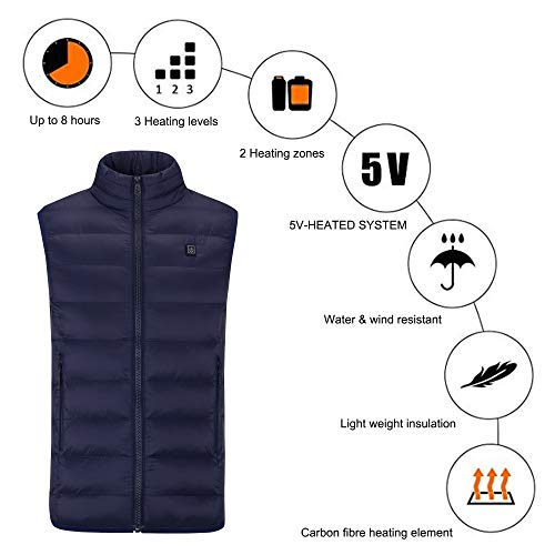 Sidiou Group Chaleco térmico eléctrico Cargador térmico con Carga USB Chaleco Ajustable de la Chaqueta de Abajo de la Ropa Abajo Chaleco de Chaleco Recargable para Hombre (Blue, XXL)