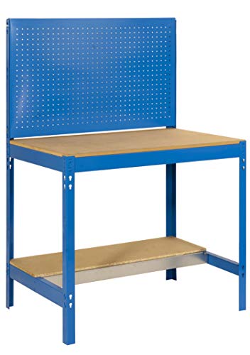 Simonrack 448100045159062 Banco de trabajo (1440 x 900 x 600 mm, 2 estantes y 1 panel perforado, 400 kg-250 kg) color azul/madera, 900 mm