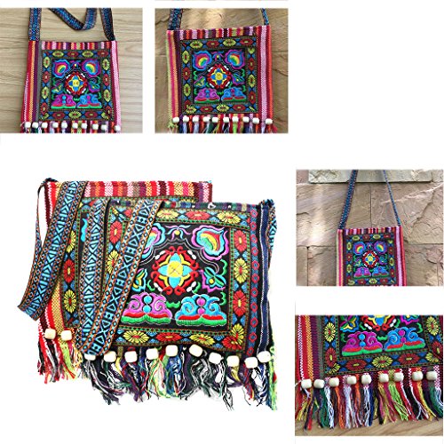 SimpleLife Clutch Purse, Bandolera de Cuerpo Cruzado con diseño Bordado Chino Hmong Bordado tailandés Tribu Hill Totes Messenger borlas Bolsa Boho Hippie