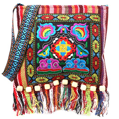 SimpleLife Clutch Purse, Bandolera de Cuerpo Cruzado con diseño Bordado Chino Hmong Bordado tailandés Tribu Hill Totes Messenger borlas Bolsa Boho Hippie