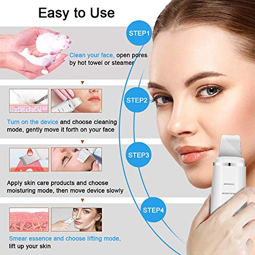 Skin Scrubber Facial, HailiCare 3-in-1 Dispositivo Ultrasónico Limpieza de la Piel Facial para Limpieza Profunda, Tratamiento de Exfoliación Hidratante y Lifting Facial, Carga USB, 3 Modos Blanco