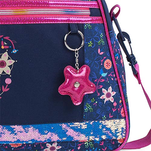 SKPAT - Bolsa para Niña de Gimnasio Personalizada con Motivos Florales y Brillos Purpurina, Incluye Llavero a Conjunto de Regalo, Ligera y Práctica 131545, Color Marino