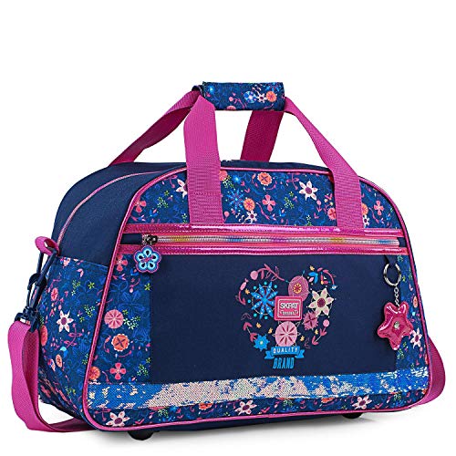 SKPAT - Bolsa para Niña de Gimnasio Personalizada con Motivos Florales y Brillos Purpurina, Incluye Llavero a Conjunto de Regalo, Ligera y Práctica 131545, Color Marino