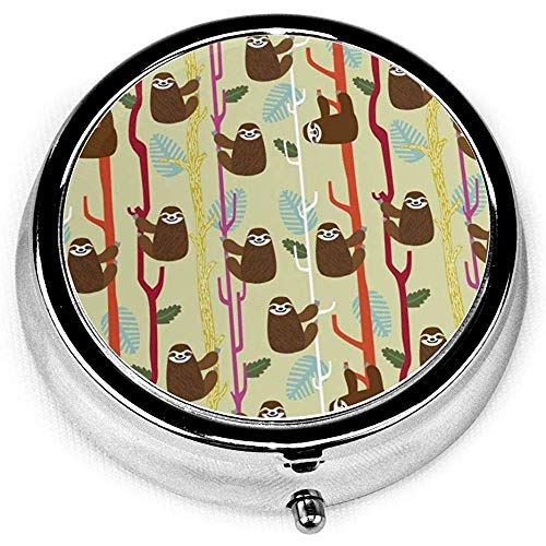 Sloth Brown Portable Round Silver Pill Box Pocket 3 Compartimento Medicine Case para bolsillo o monedero