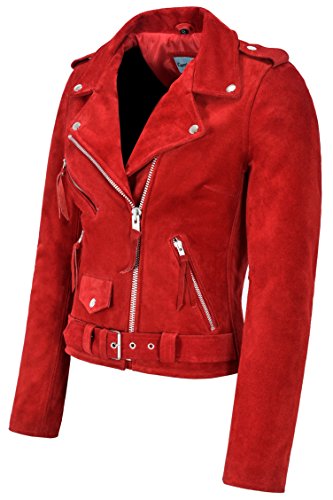 Smart Range Ladies Brando Leather Jacket Red Suede Fitted Biker Motorcycle Style MBF (10 For Bust 32")