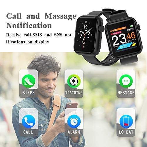 Smartwatch Reloj Inteligente con Pulsómetro, Monitor de Sueño Cronómetros,Podómetro Pulsera Caloría Pulsómetros Notificación de llamadas por SMS múltiples modos de deporte Fitness Watch (Negro)