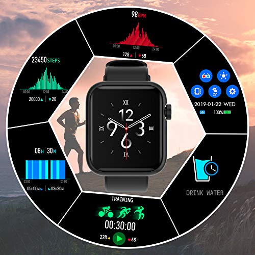 Smartwatch Reloj Inteligente con Pulsómetro, Monitor de Sueño Cronómetros,Podómetro Pulsera Caloría Pulsómetros Notificación de llamadas por SMS múltiples modos de deporte Fitness Watch (Negro)