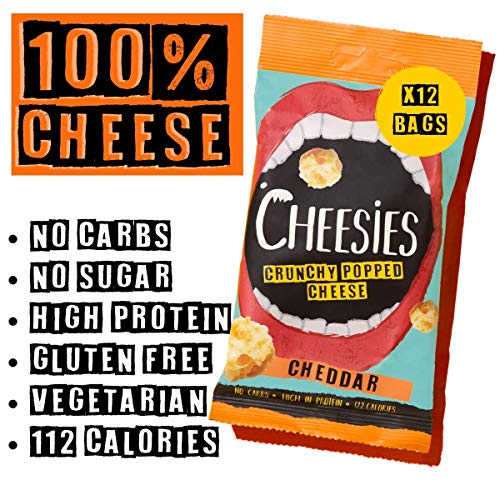 Snack de Queso Crujiente Cheesies, Cheddar. Sin Carbohidratos, Alto en Protínas, Sin Gluten, Vegetariano, Ceto. 12 Bolsas de 20g.