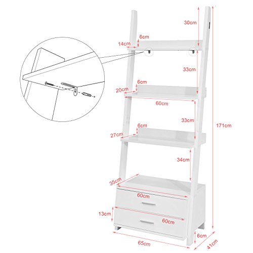 SoBuy Estanteriá en Escalera,Librería, 4 áreas y Dos cajones de Almacenamiento,FRG230-W,ES