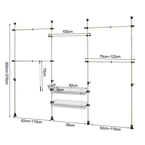 SoBuy KLS04,Perchero de Ropa Telescópico Altura Ajustable 200-270 cm,Perchero Extensible con 5 Barras y 2 cestas,ES (Blanco)