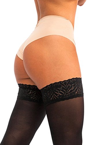 sofsy Encaje de Muslo Alto Opaco con sostenedor de Nylon, Pantyhose de Medias de Silicona Top 60 Den [Hecho en Italia] Negro Black 1/2 - X-Small/Small