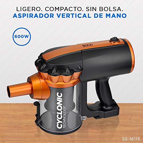 SOGO SS-16115 - Aspirador ciclónico 2 en 1: Vertical y de Mano, Aspiradora Sin Bolsa, 600 W de potencia, con filtro HEPA Fácil de Limpiar y Gran Radio de Acción