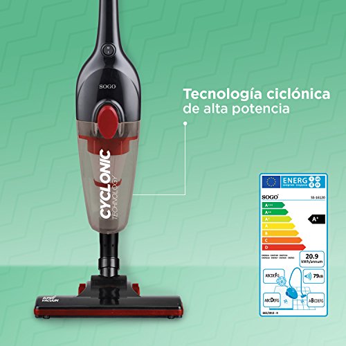 SOGO SS-16120 Aspirador Ciclónico Vertical con Potencia de 600W, Eficiencia Energética A+. Aspirador Escoba y de Mano (2 en 1) Aspiradora con contenedor de 0,8L y Filtro HEPA de Limpieza fácil