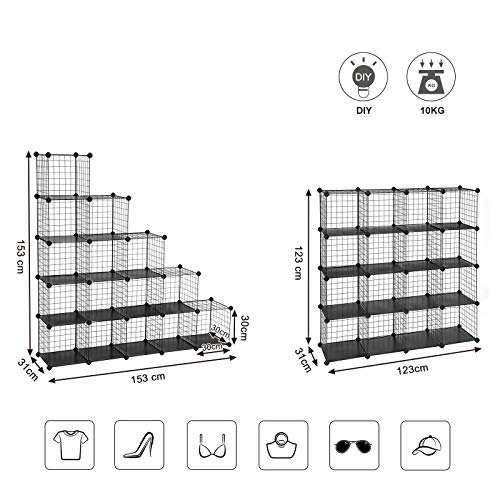 SONGMICS Armario Modular de Alambre metálico con 16 Cubos, Montaje en Bricolaje, Aramario de Almacenamiento, Estantería modulable, Estantería de Malla de Alambre, Negro LPI44H