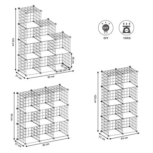 SONGMICS Armario Modular de Malla de Hierro Armario de Almacenaje con 9 Cubos Estantería Modulable Ajustable Organizador Multiuso para Libros Ropa Zapatos para Baño Habitación Infantil Sala LPI115W