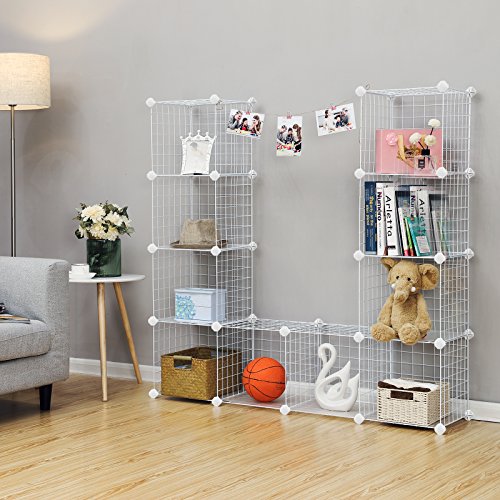 SONGMICS Armario Modular de Malla de Hierro, Estantería de Almacenaje con 12 Cubos, Organizador Modulable y Ajustable, Multiuso, para Libros, Ropa y Zapatos, en Baño, 93 x 31 x 123 cm, Blanco LPI34W