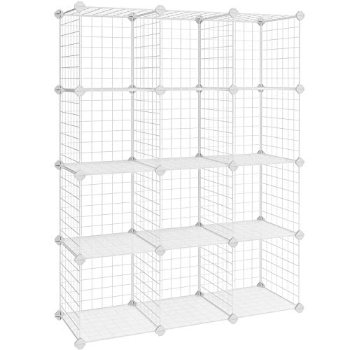 SONGMICS Armario Modular de Malla de Hierro, Estantería de Almacenaje con 12 Cubos, Organizador Modulable y Ajustable, Multiuso, para Libros, Ropa y Zapatos, en Baño, 93 x 31 x 123 cm, Blanco LPI34W