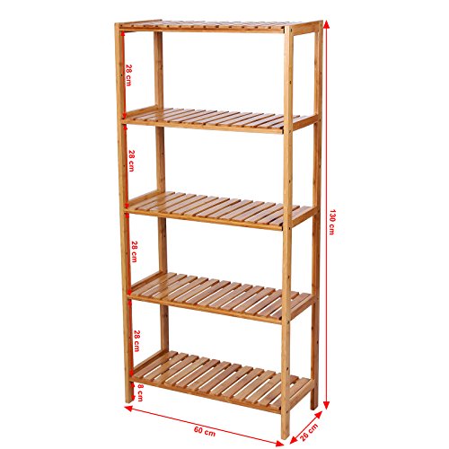 SONGMICS BCB35Y Estantería de Bambú de 5 Niveles, para Baño, Librería, Zapatero, 132 x 30 x 9.5 cm