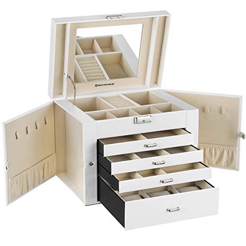 SONGMICS Caja Joyero, Organizador para Anillos y Collares, 30 x 25 x 22 cm, Blanco JBC217W