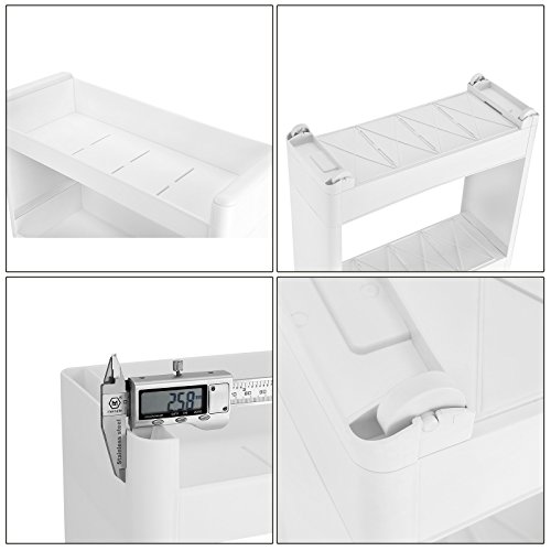 SONGMICS Carrito de Almacenamiento, Carrito de Esquina, Estantería Pequeña con Ruedas, Carrito Estrecho, Estantería de Plástico de 4 Niveles, para Baño y Cocina, 45 x 17 x 91 cm, Blanco KFR10WT