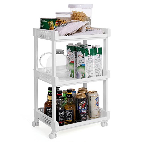 SONGMICS Carrito de Cocina con Ruedas, Estantería con 3 Niveles para Cocina, Oficina y Baño, 61 cm de Altura, Blanco KSC03WT