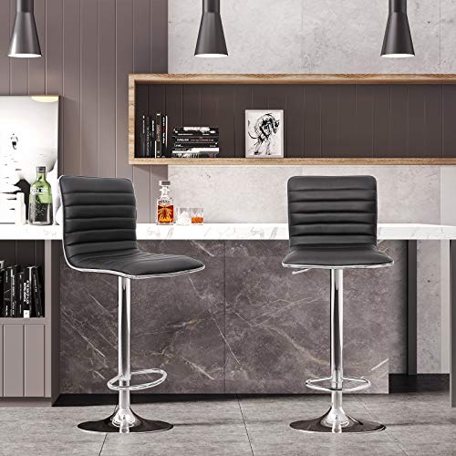 Songmics Juego de 2 Taburetes de Bar Sillas de Cocina Cromado PU Ajustable 94-114 cm Base Φ41 Negro, LJB65B, 40 x 42 x (94-114) cm