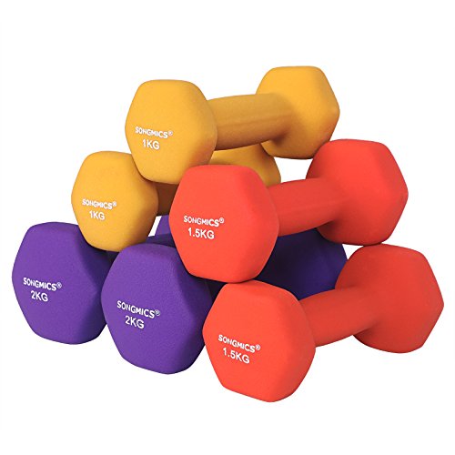 SONGMICS Juego de 6 Mancuernas, 3 Pares de 1
kg, 1,5 kg y 2 kg, con Soporte, Varios Pesos y Colores para
Gimnasio y Entrenamiento en Casa, Resistentes al Sudor y a
la Humedad, Mate SYL69BK