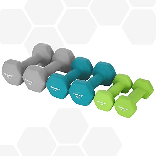 SONGMICS Juego de Mancuernas Hexagonales con Soporte - 2 x 1 kg, 2 x 2 kg, 2 x 3 kg, Verde Claro, Verde Agua, Gris, Neopreno con Acabado Mate, Pesas para Gimnasio en Casa SYL612GN