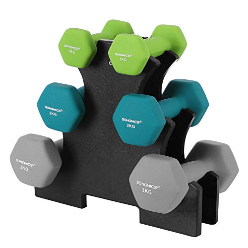 SONGMICS Juego de Mancuernas Hexagonales con Soporte - 2 x 1 kg, 2 x 2 kg, 2 x 3 kg, Verde Claro, Verde Agua, Gris, Neopreno con Acabado Mate, Pesas para Gimnasio en Casa SYL612GN