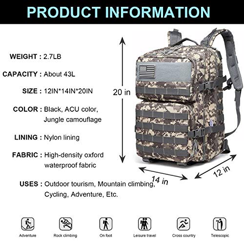 Songwin Mochila táctica Macuto de montañismo Militar,Impermeable y multifunción ejército Bolsa de Viaje,Mochila de Asalto para Excursionismo,Montañismo,Ciclismo,Trekking 43L.