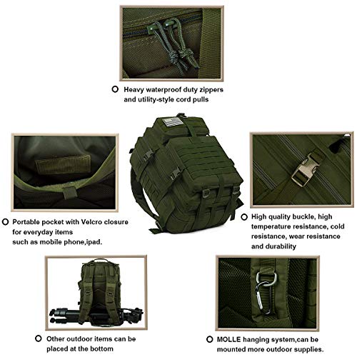 Songwin Mochila táctica Macuto de montañismo Militar,Impermeable y multifunción ejército Bolsa de Viaje,Mochila de Asalto para Excursionismo,Montañismo,Ciclismo,Trekking 43L. (Verde Oscuro)
