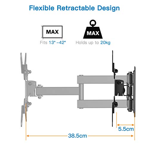 Soporte de Pared para TV 13" - 42" - Girar, Inclinar, Extender y Retraer - Montaje Televisor Sólido Carga hasta 20kg - Mejor Ángulo de Visión - Máx. VESA 200x200mm