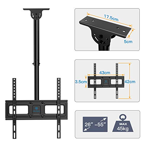 Soporte TV Techo - Soporte Giratorio Ajustable Inclinable para TV para Pantalla de 26-55 Pulgadas – Soporte de TV para Techo de Movimiento Completo, Soporta hasta 45kg con VESA 400 x 400