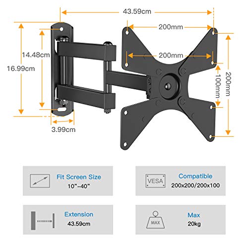 Soporte Universal de Pared para TV Giratorio, inclinable y rotatorio - Se Adapta a los televisores de Pantalla Plana LCD/LED de 10-40”– Extiende 43.59cm - Soporta hasta 20kg - MAX VESA 200X200mm