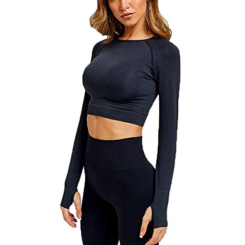 SotRong - Camiseta de manga larga para mujer, sin costuras, para yoga, gimnasio, fitness, correr, con agujero para el pulgar Negro Negro ( M