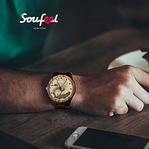 SOUFEEL Reloj Madera Personalizado Foto y Grabado Punteros Luminosos Cuarzo con Correa Cuero Regalo Personalizado para Familia Hombre Mujer Amigo Pareja