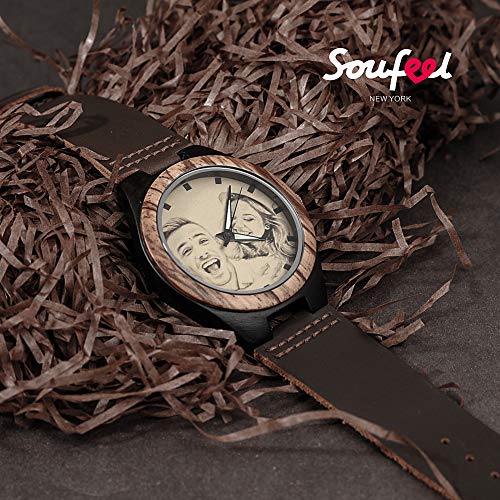 SOUFEEL Reloj Madera Personalizado Foto y Grabado Punteros Luminosos Cuarzo con Correa Cuero Regalo Personalizado para Familia Hombre Mujer Amigo Pareja