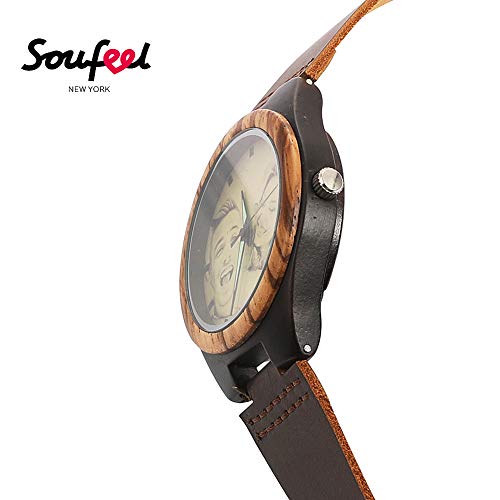 SOUFEEL Reloj Madera Personalizado Foto y Grabado Punteros Luminosos Cuarzo con Correa Cuero Regalo Personalizado para Familia Hombre Mujer Amigo Pareja