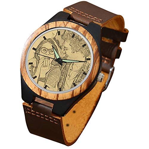 SOUFEEL Reloj Madera Personalizado Foto y Grabado Punteros Luminosos Cuarzo con Correa Cuero Regalo Personalizado para Familia Hombre Mujer Amigo Pareja