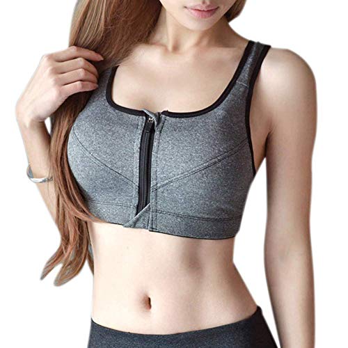 Soulitem Mujer Anticaída Acolchado Sujetador Deportivo Top Corto Cremallera Up Delantera para Aerobic Fitness Yoga - Gris, X-Large