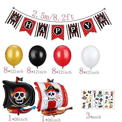 SPECOOL Decoraciones de Fiesta de cumpleaños Pirata con Pirata Tatuaje Temporal Banner Barco Pirata Globos de Barco para niños 1 ° 2 ° 3 ° 4 ° 5 ° 10 ° Suministros de cumpleaños temáticos de Piratas