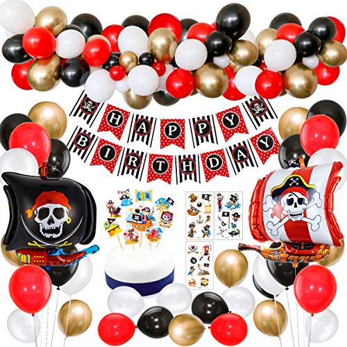 SPECOOL Decoraciones de Fiesta de cumpleaños Pirata con Pirata Tatuaje Temporal Banner Barco Pirata Globos de Barco para niños 1 ° 2 ° 3 ° 4 ° 5 ° 10 ° Suministros de cumpleaños temáticos de Piratas