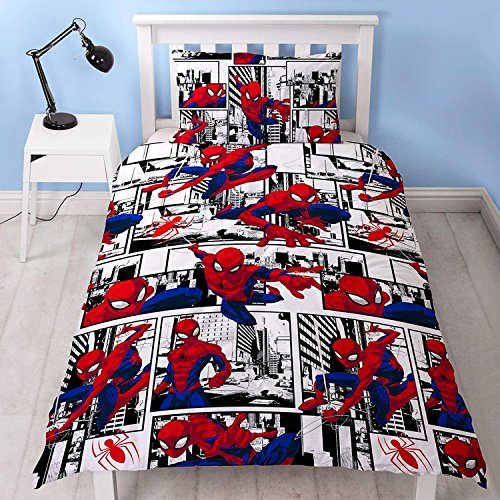 Spiderman Ultimate Metrópolis - Funda de edredón para Cama Individual, diseño Reversible de Dos Caras, Incluye Funda de Almohada a Juego, Color Rojo, 200 x 130 cm