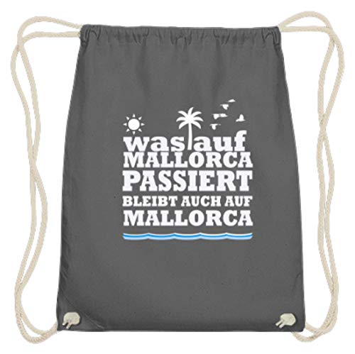 SPIRITSHIRTSHOP Was auf Mallorca passiert, Bleibt auch auf Mallorca. Vacaciones, fiestas, celebraciones, fiestas. Bolsa de gimnasio de algodón, color gris grafito, tamaño 37cm-46cm