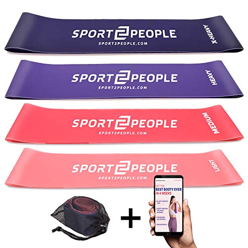 sport2people Juego de Bandas de Ejercicio con 2 Libros electrónicos de Ejercicios para fortalecimiento Muscular y Fisioterapia – Mini Fitness Bandas para glúteo, Cadera y piernas (4 Set Pink)