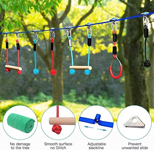Sportshome Ninja Slackline Monkey Bar Kit Outdoor Tree Hanging Obstacles Line Accessories Play Set de 15M de Bandas Swing, Trapeze Swing, Rope Ladder, Obstáculo Net-Diviértete y Mantente en Forma