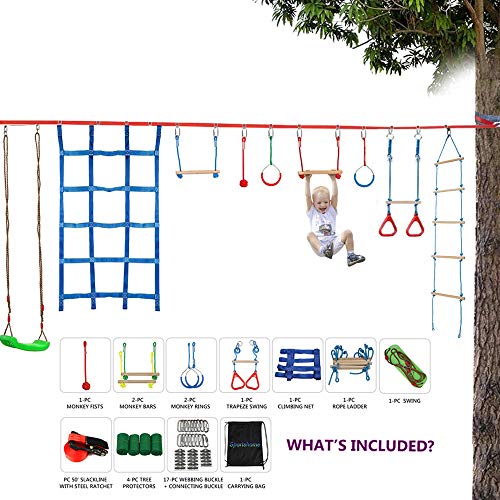 Sportshome Ninja Slackline Monkey Bar Kit Outdoor Tree Hanging Obstacles Line Accessories Play Set de 15M de Bandas Swing, Trapeze Swing, Rope Ladder, Obstáculo Net-Diviértete y Mantente en Forma