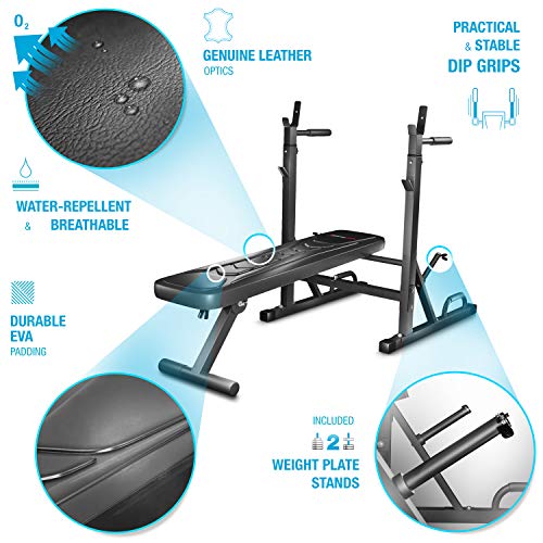 Sportstech 21en1 Banco de Pesas Innovador con Soporte para Pesas y Asas Push up, Sistema de Plegado Inteligente, Banco de Entrenamiento BRT300 Plegable, pies Antideslizantes, tapicería Eva y Asas Dip