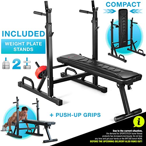 Sportstech 21en1 Banco de Pesas Innovador con Soporte para Pesas y Asas Push up, Sistema de Plegado Inteligente, Banco de Entrenamiento BRT300 Plegable, pies Antideslizantes, tapicería Eva y Asas Dip